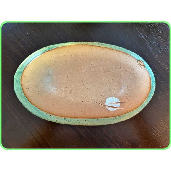 Handmade Jade Green Platter Dish Pottery w/ Red Leaves by Debb - Picture 2 of 4